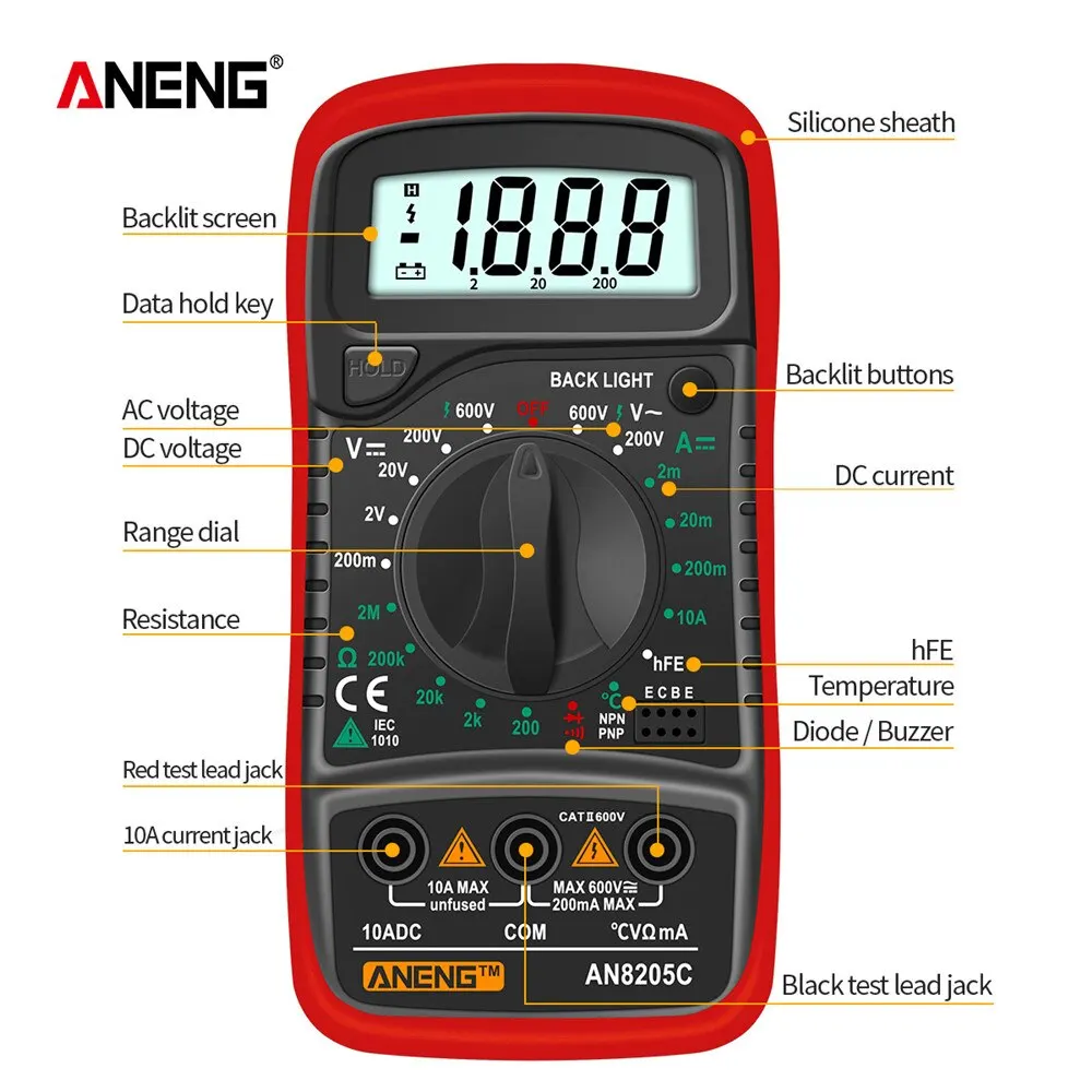 ANENG AN8205C Cyfrowy Multimetr AC/DC Amperomierz Wolt Ohm Multimetro Tester Miernik Z Termoparą LCD Podświetlenie Przenośne