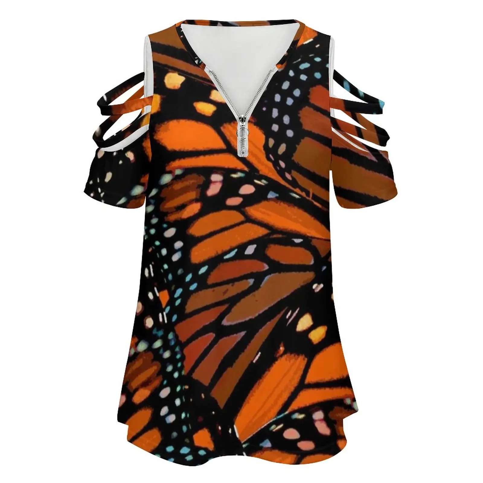 Winging It ( Orange ) New Fashion Zip Off Shoulder Top Short-Sleeve Women Shirt Orange Monarch Butterflies Spots Insect