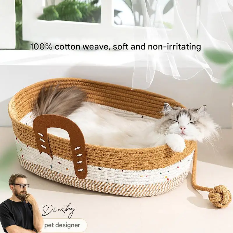 

Cat Bed Basket Round Hand Woven Rattan Cat Beds Summer Cooling Kitten Basket Cotton Rope Cat Scratching Basket Sleeping Pet Nest
