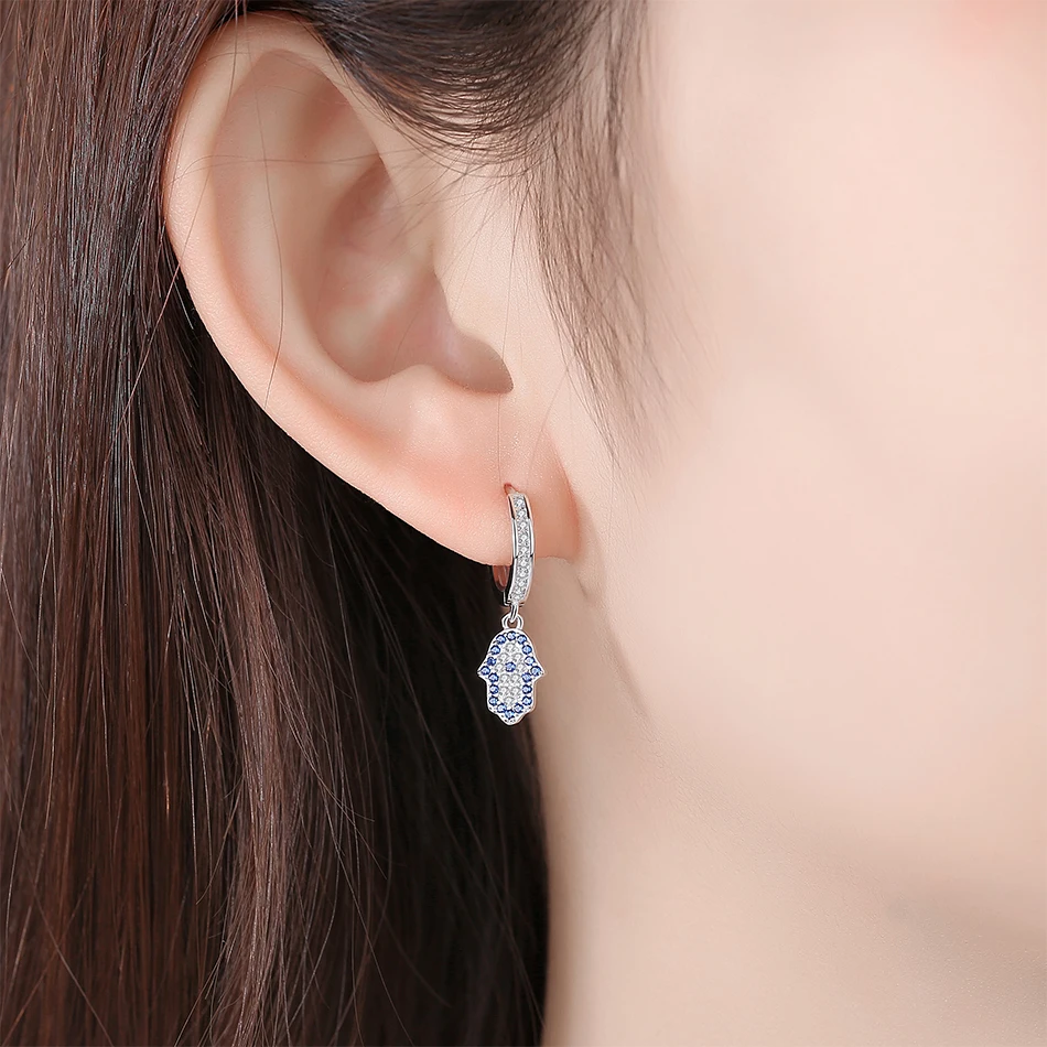 Kaletine 925 Sterling Silver Hamsa Hand Drop Earrings for Women Blue Eye Lucky Turkish Earring Cubic Zircon Fashion Jewelry