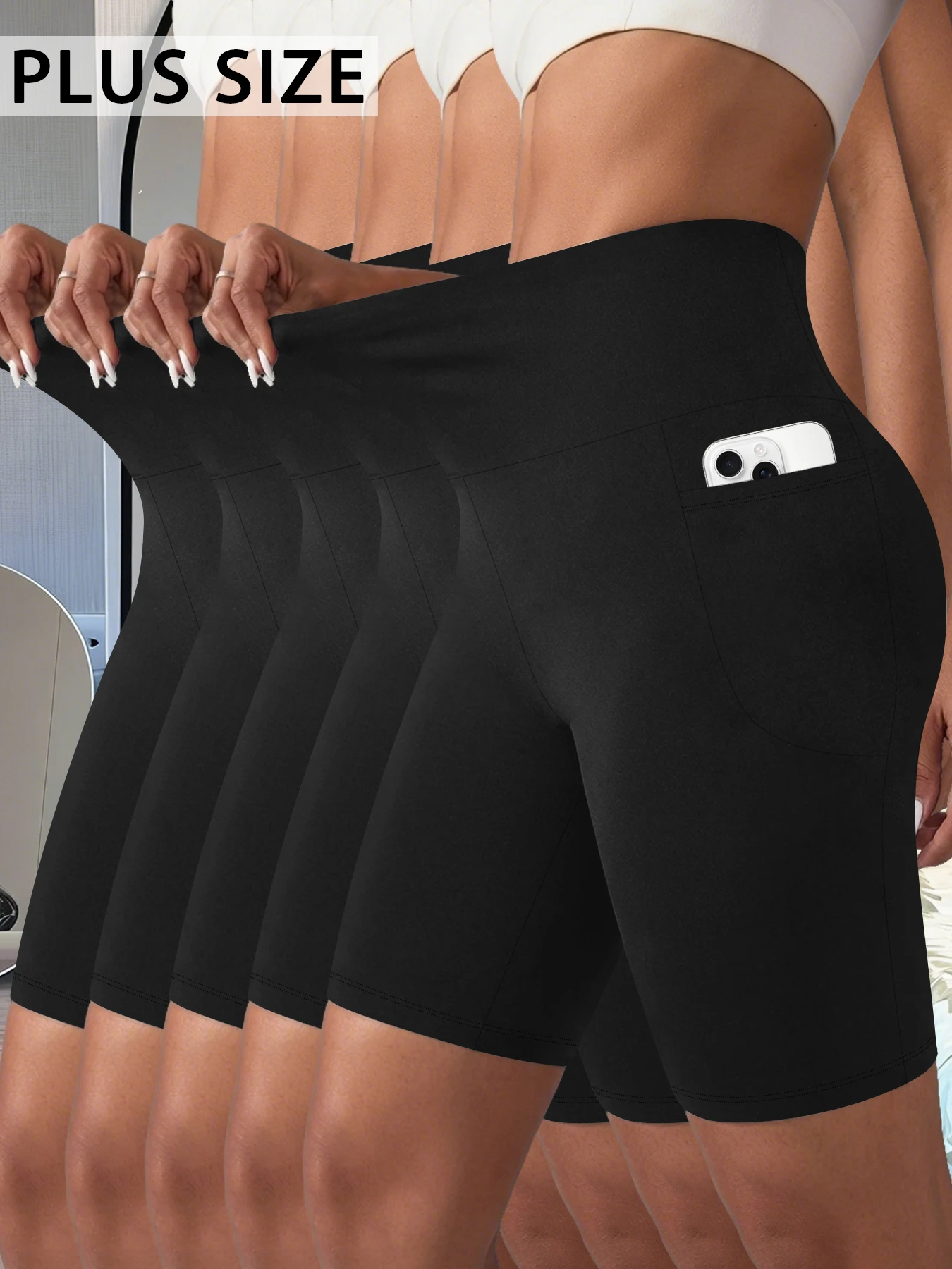 

5 pack Plus Size High Waisted Biker Shorts For Women With Pockets Super Soft Tummy Control Workout Running Yoga