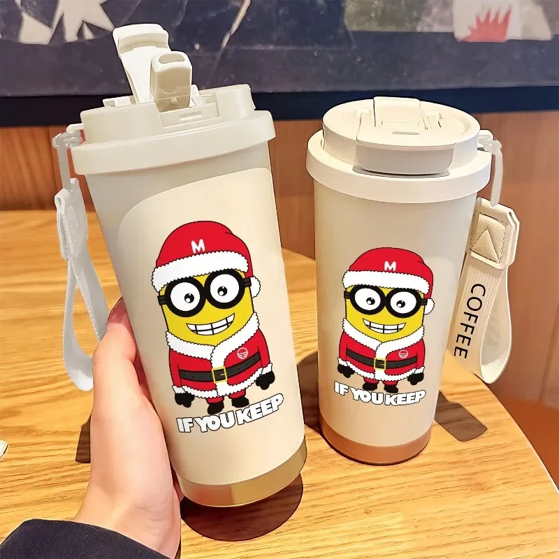 Minions Despicable Me Christmas Stainless Steel Coffee Thermos Cup Creative Kawaii Girl Heart Hand Straw Double Drinking Cup