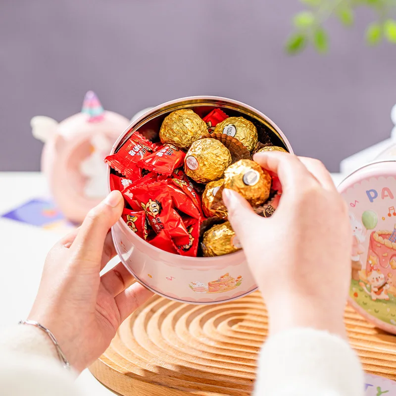 Cartoon Cake Party Pattern Storage Tin Box for Candy Wedding Gift Box Round Empty Metal Cookie Organizer Container Home Decor