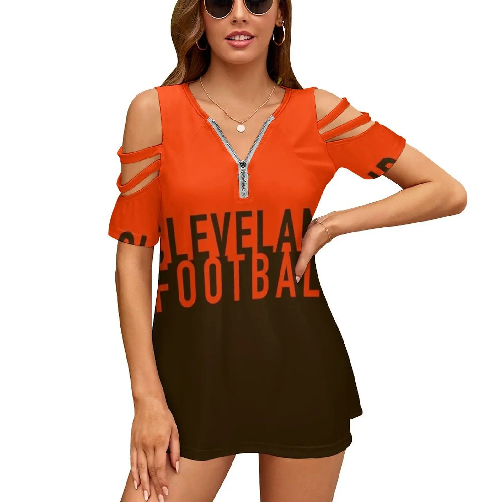 Football Women Zipper Sexy Printed Vintage T Shirts Tops Full Print T-Shirt Football Football Mayfield Brown Orange Bake Make