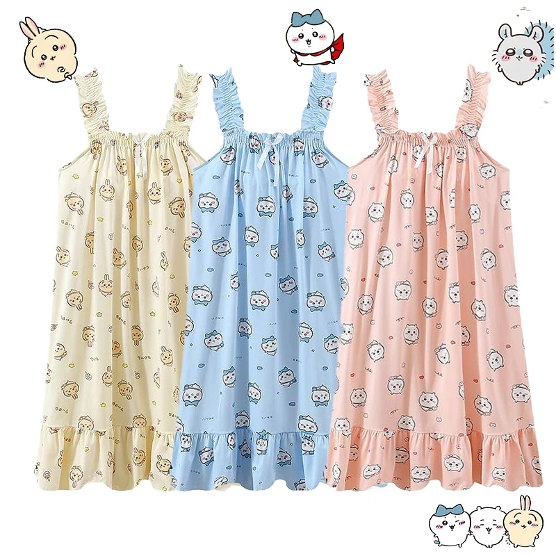 Y2K Chiikawa Hachiware Usagi Pyjamas Damen Sommer Dünnes Träger-Nachthemd Locker Mittellang Süßes Liebliches Langes Hauskleid Sexy