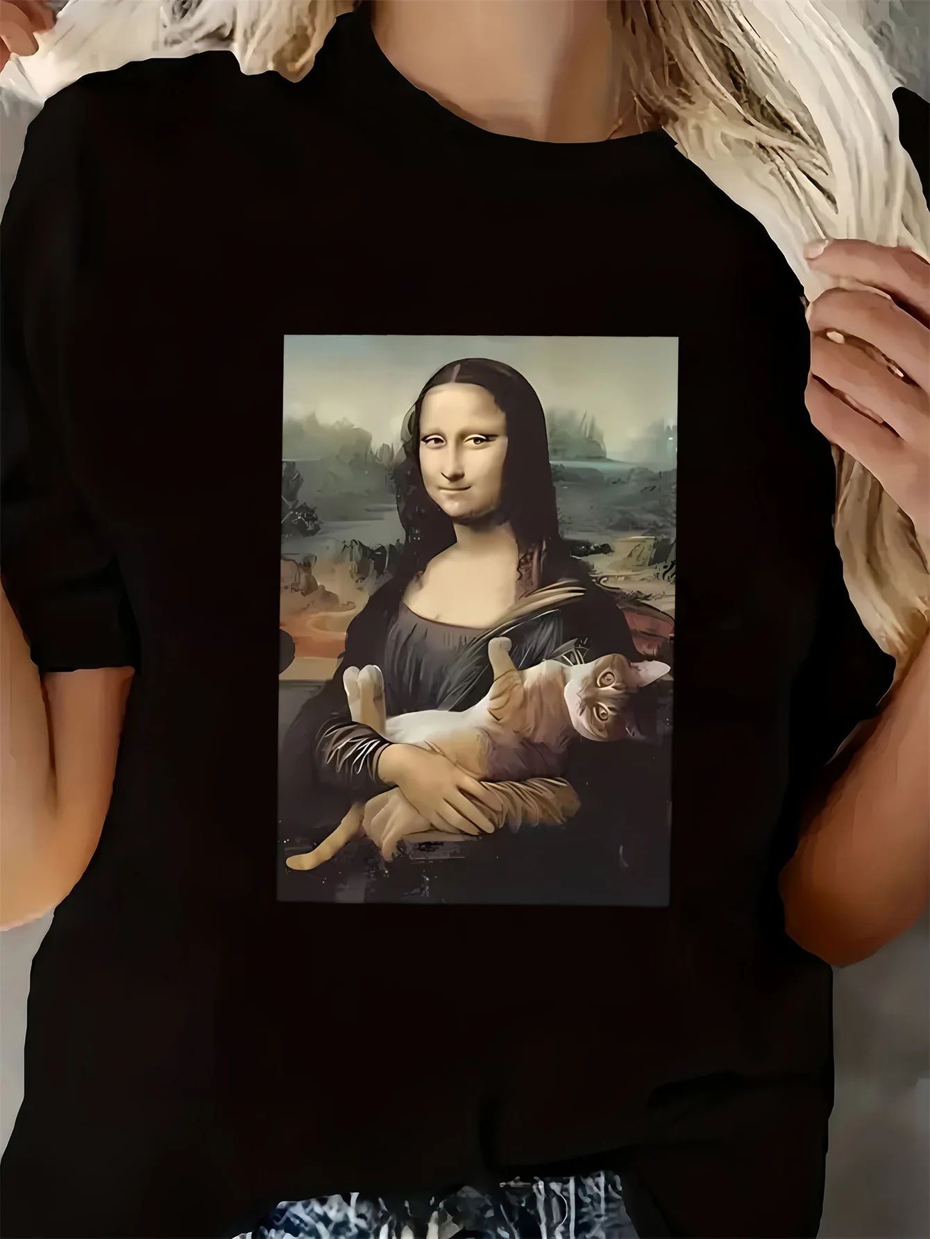 

Женская футболка с принтом кошки Мона Лизы в стиле Харадзюку, повседневная женская футболка с короткими рукавами, одежда, уличные топы, футболки, эстетичная одежда