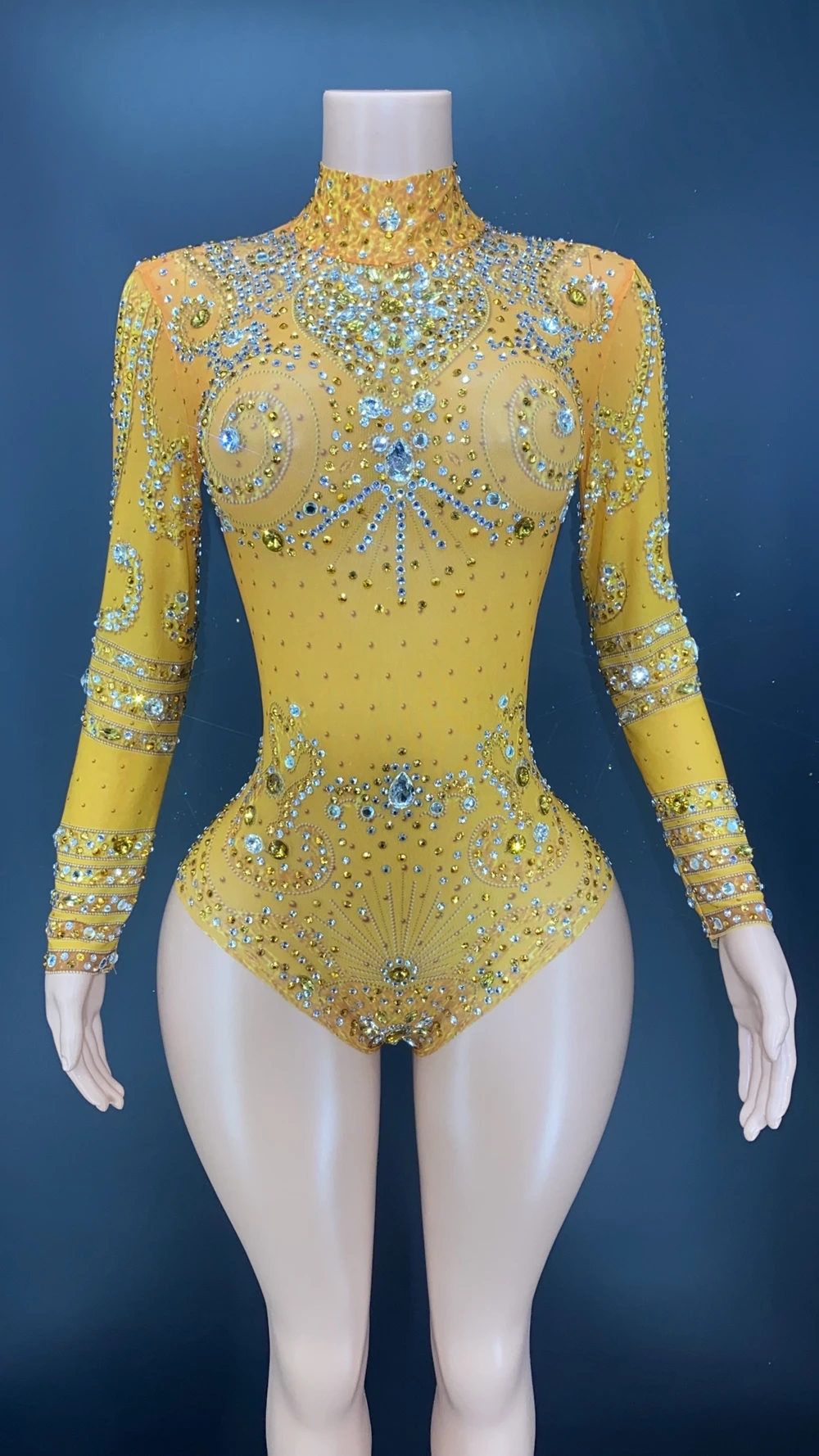 Sparkly Crystals Long Sleeve Mesh Transparent Bodysuit Sexy Dance Costume Birthday Party Night Outfit Women Leotard Stage Wear