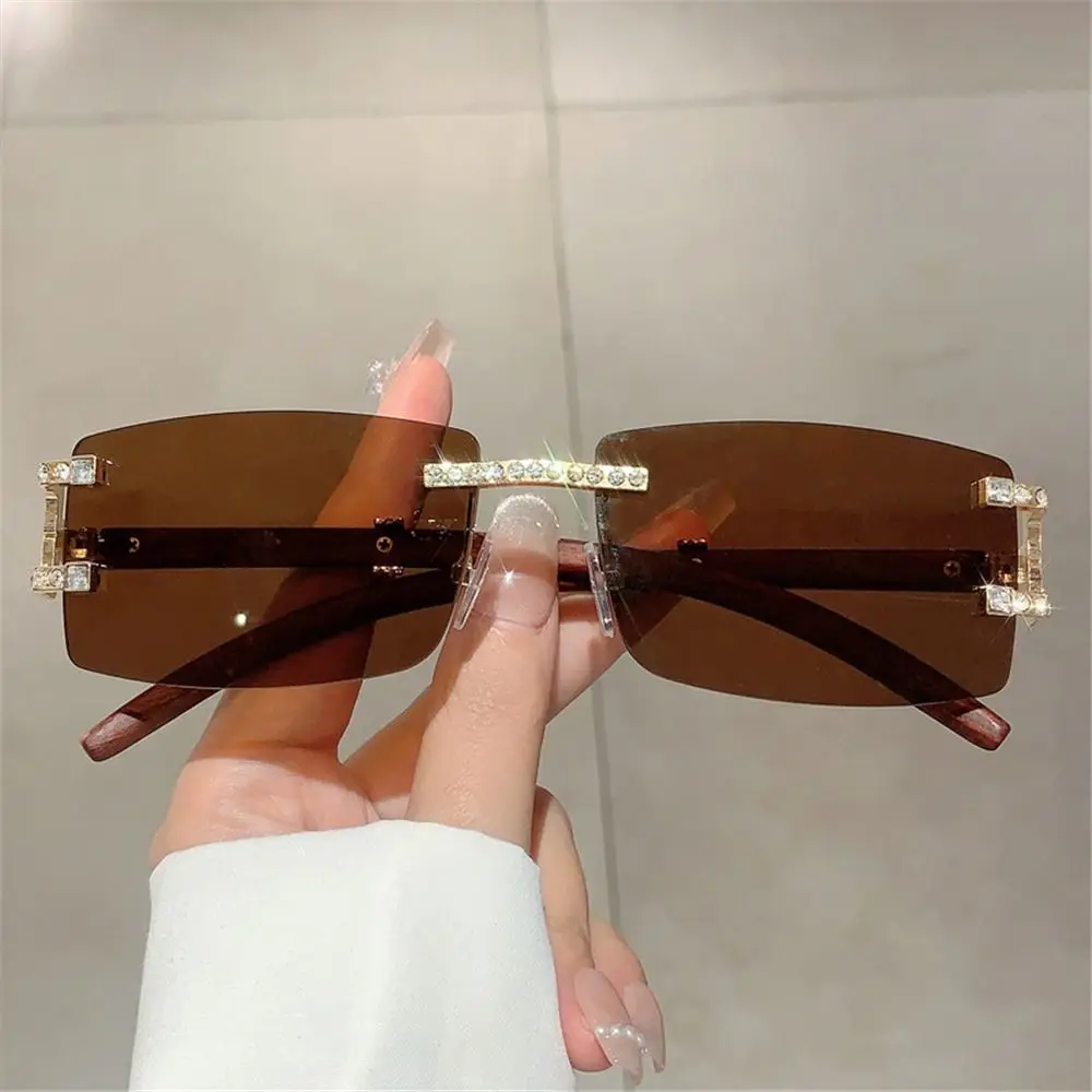 

Wood Diamonds Punk Sunglasses Rhinestone Rectangle Women's Rimless Sun Glasses Frameless Square Eyewear