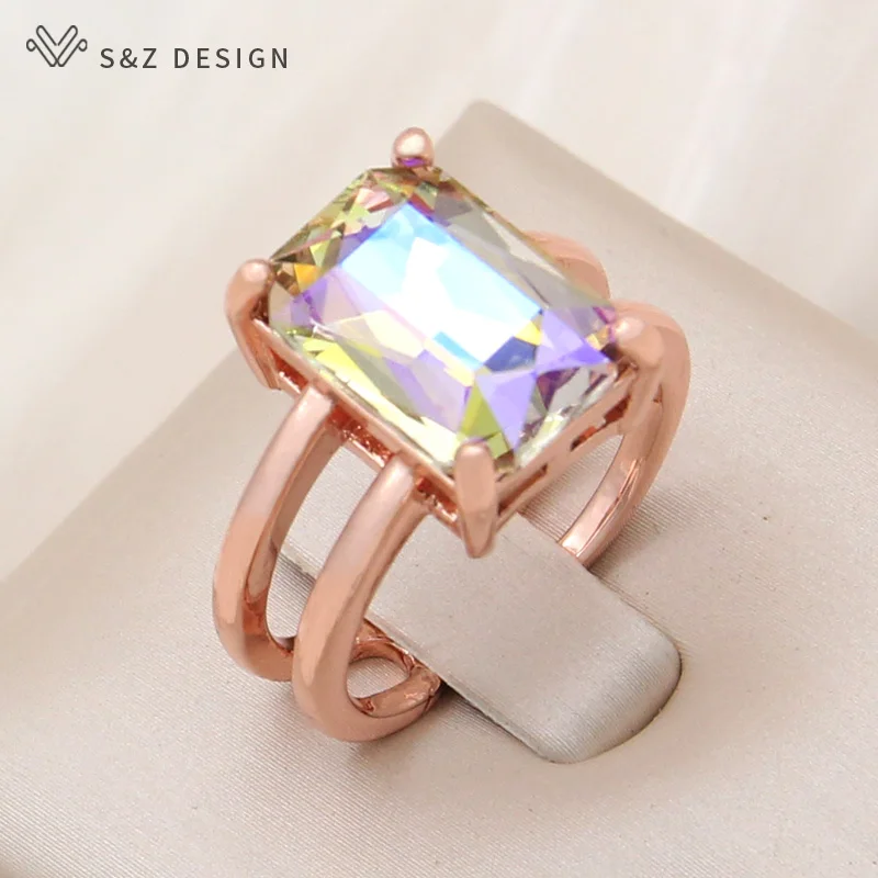 S&Z DESIGN New Fashion 585 Rose Gold Color Adjustable Rectangle Crystal Rings For Women Wedding Party Jewelry Gift