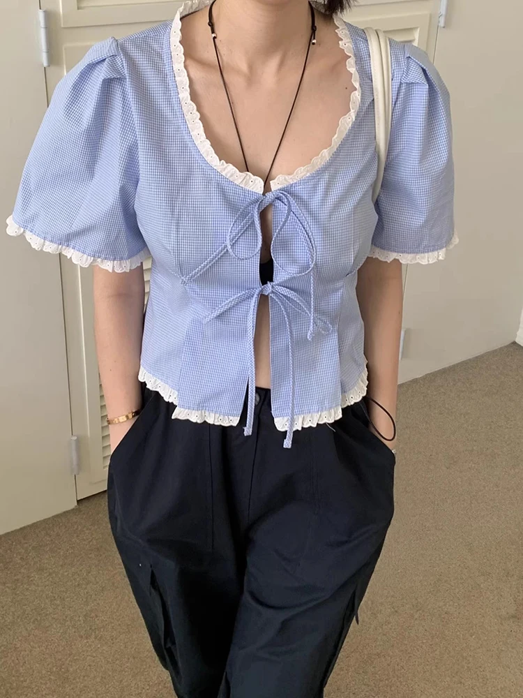 

Splicing Lace Up Shirt for Women's Summer New Sweet Layered Puff Sleeve Top