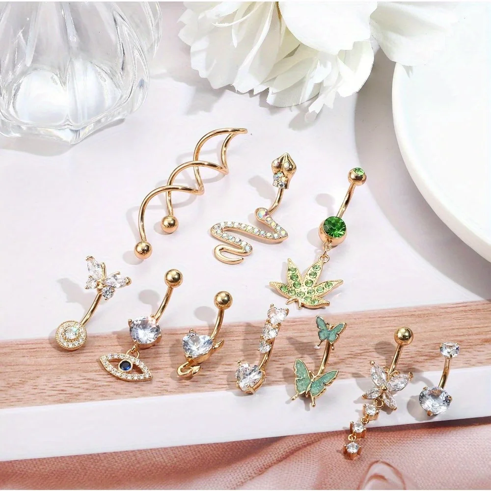 FINREZIO 1Pc 14G Gold-Plated Belly Button Rings with Sparkling CZ Stones, Snake & Butterfly Designs, Women's Fashion Accessory