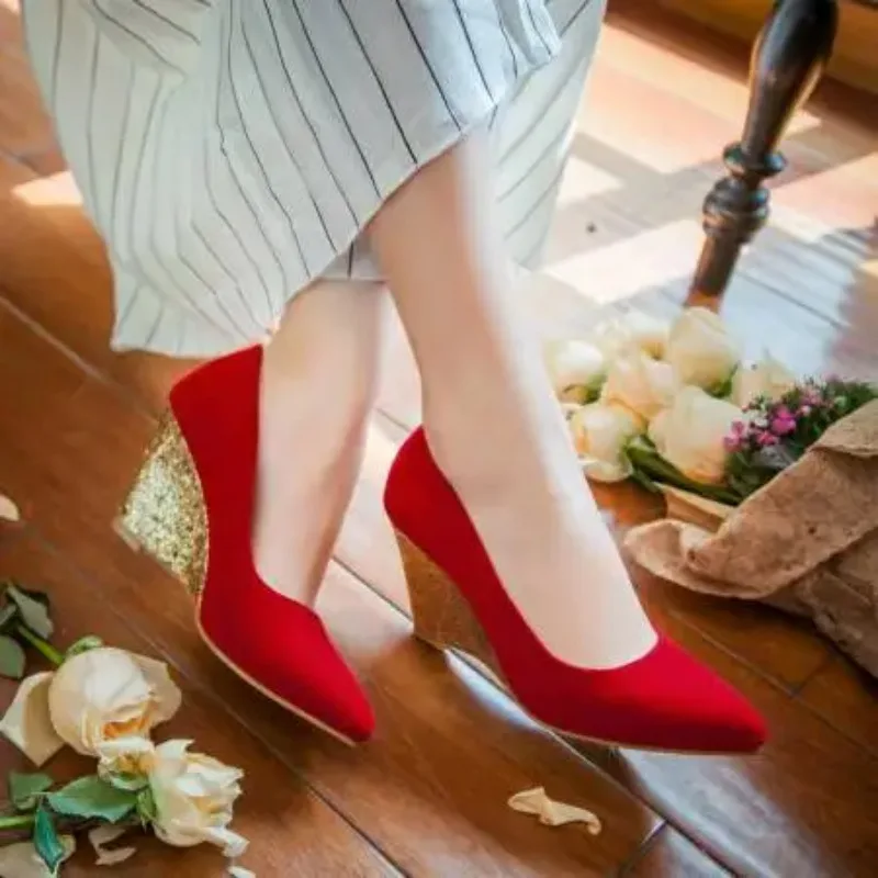Wedges High Heels Pumps Shoes Women Elegant Spring Casual Red and Black Wedding Office Party Shoes Ladies Large Size 43