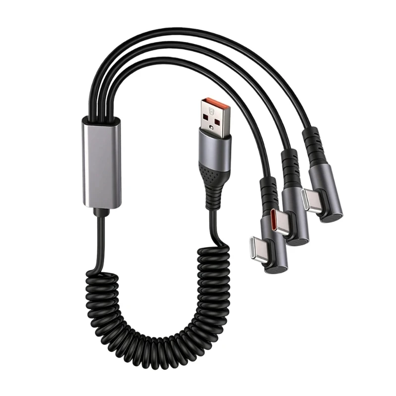 3 in 1 USB C Splitter Cable Telescopic Type C Chargers Cord Coiled Data Cable
