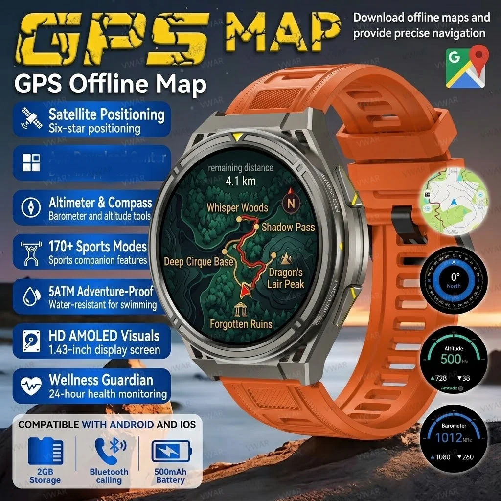 Nuevo Reloj Inteligente Militar 2026 con Mapa GPS Offline, Brújula GPS Integrada, Resistente al Agua 10ATM, 2GB de RAM, Reproductor de Música, Reloj Inteligente Deportivo para Hombre