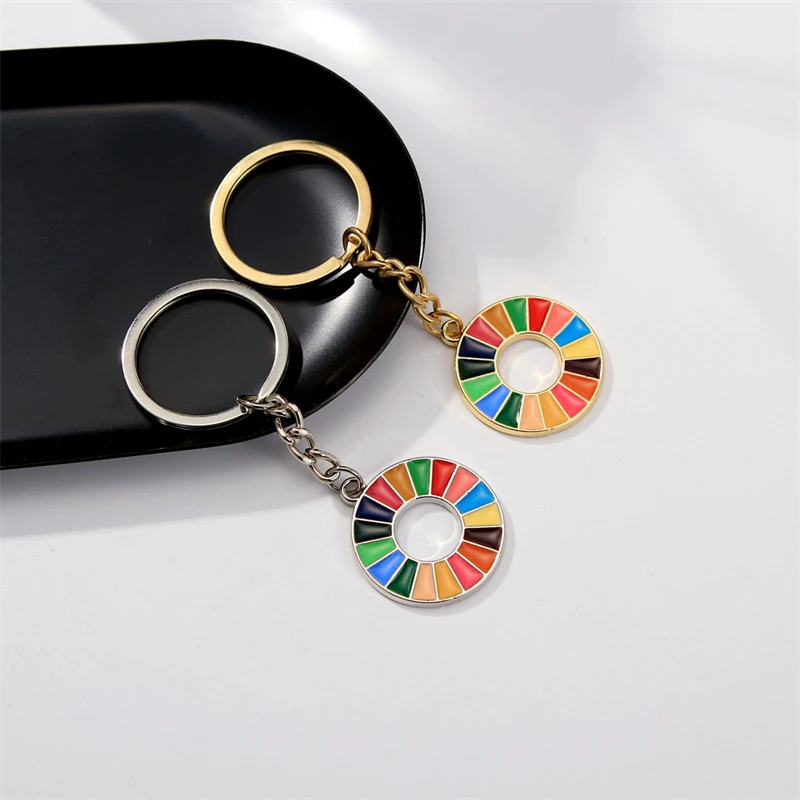 Colorful Enamal Sustainable Development Goals Keychain United Nations SDGs Car Key Rainbow Chain Key Ring For Women Men