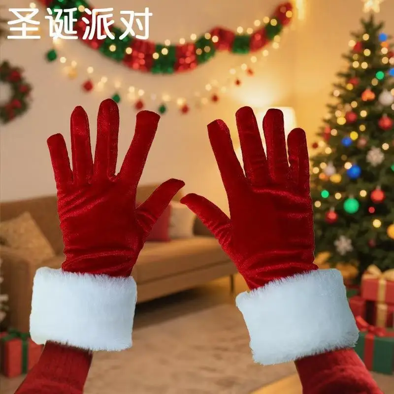 

Christmas Etiquette Gloves Red Velvet Full Finger Gloves Santa Claus Fur Fleece Mittens Xmas Party Cosplay Costume Accessories