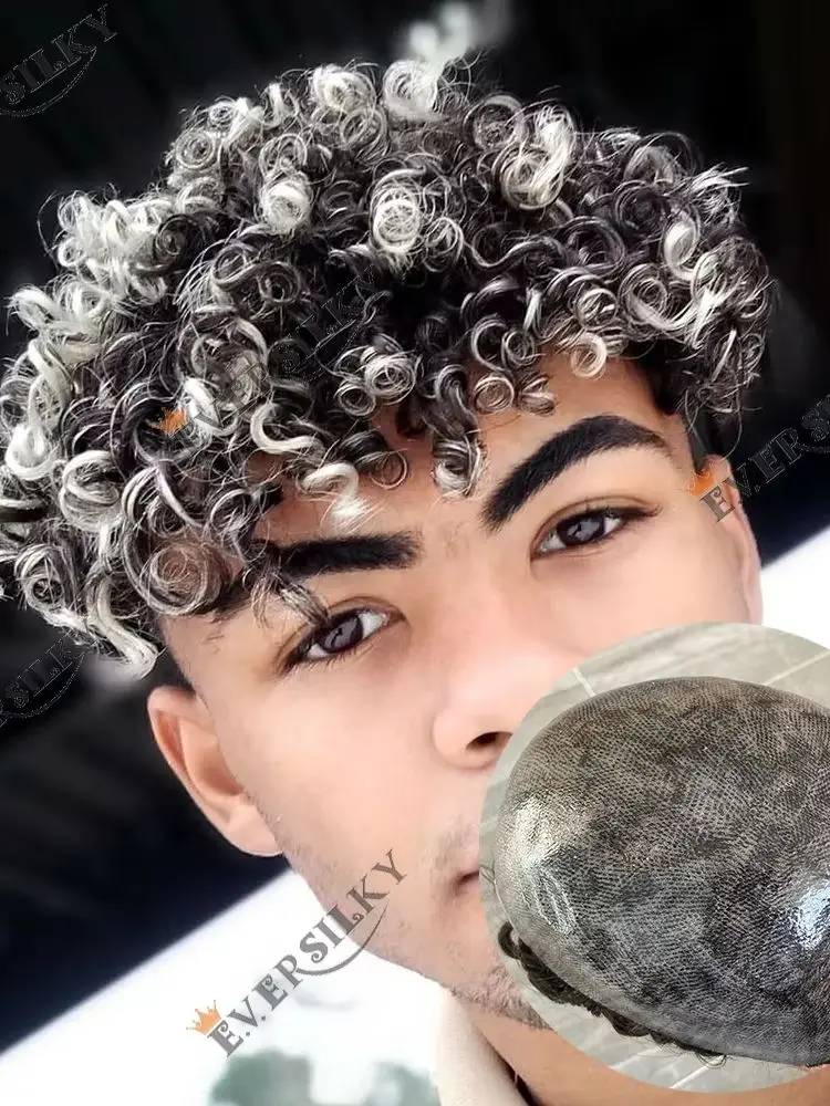 Afro 15mm Lockiges Neues Toupet für Männer, Afroamerikanische Perücken, Grau-Schwarzes Echthaar, Unsichtbares PU-Haut-Ersatzsystem, Prothese – Detail 1