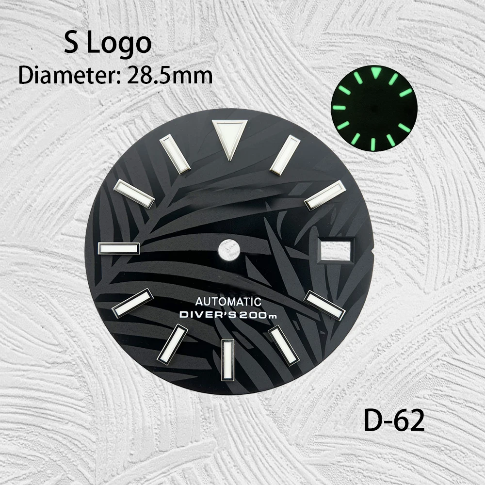 Luminous Modificado Bamboo Folha Assista Dial, Verde Movimento automático S Logo, 28.5mm, adequado para NH35, 36, 4R, 7S