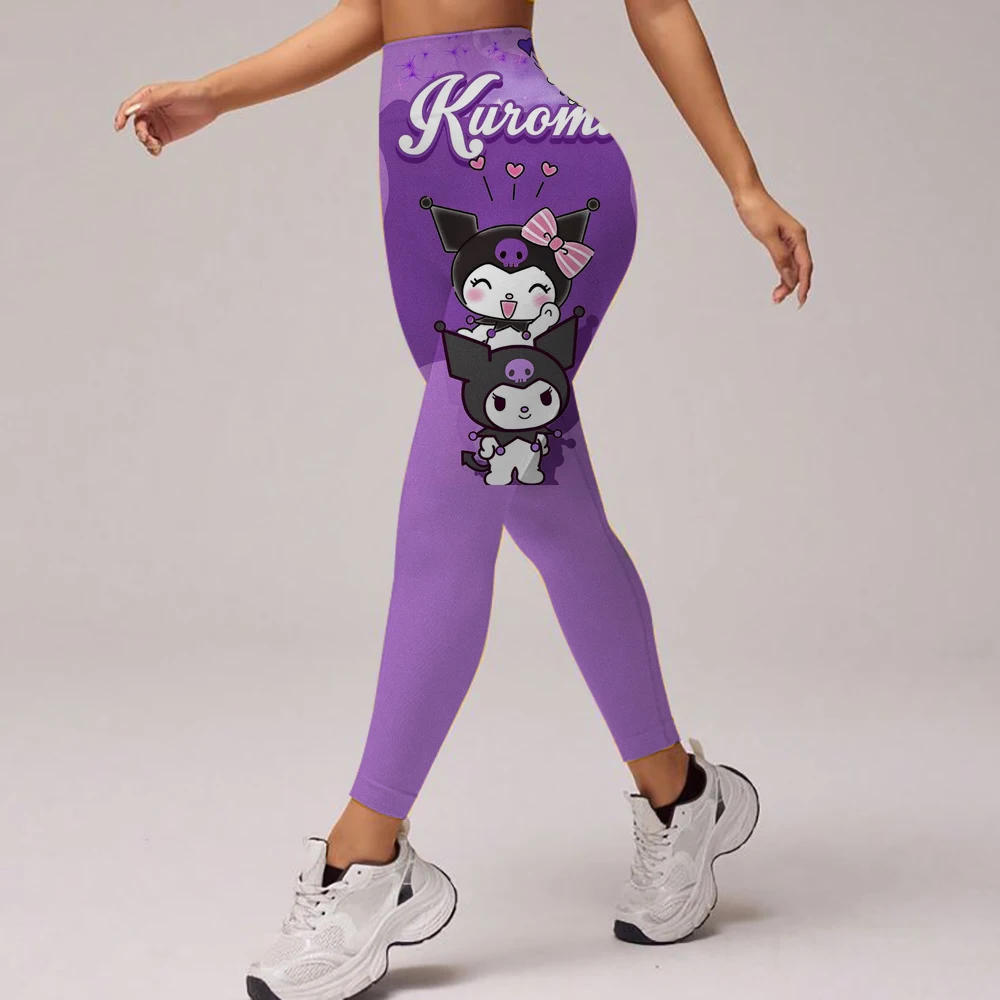 Kuromi Legging Wanita Melar Tinggi Kasual Ketat Merah Muda Cetak Hello Kitty, Celana Pensil Sembilan Titik Retro Kebugaran Sporty dan Seksi