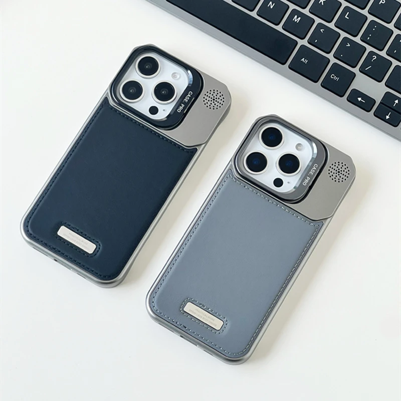 Lens Kickstand Borderless for MagSafe Phone Case for iPhone 16 17 16pro max 15 14 13 Magnetic Wireless Charging PU Leather Cover