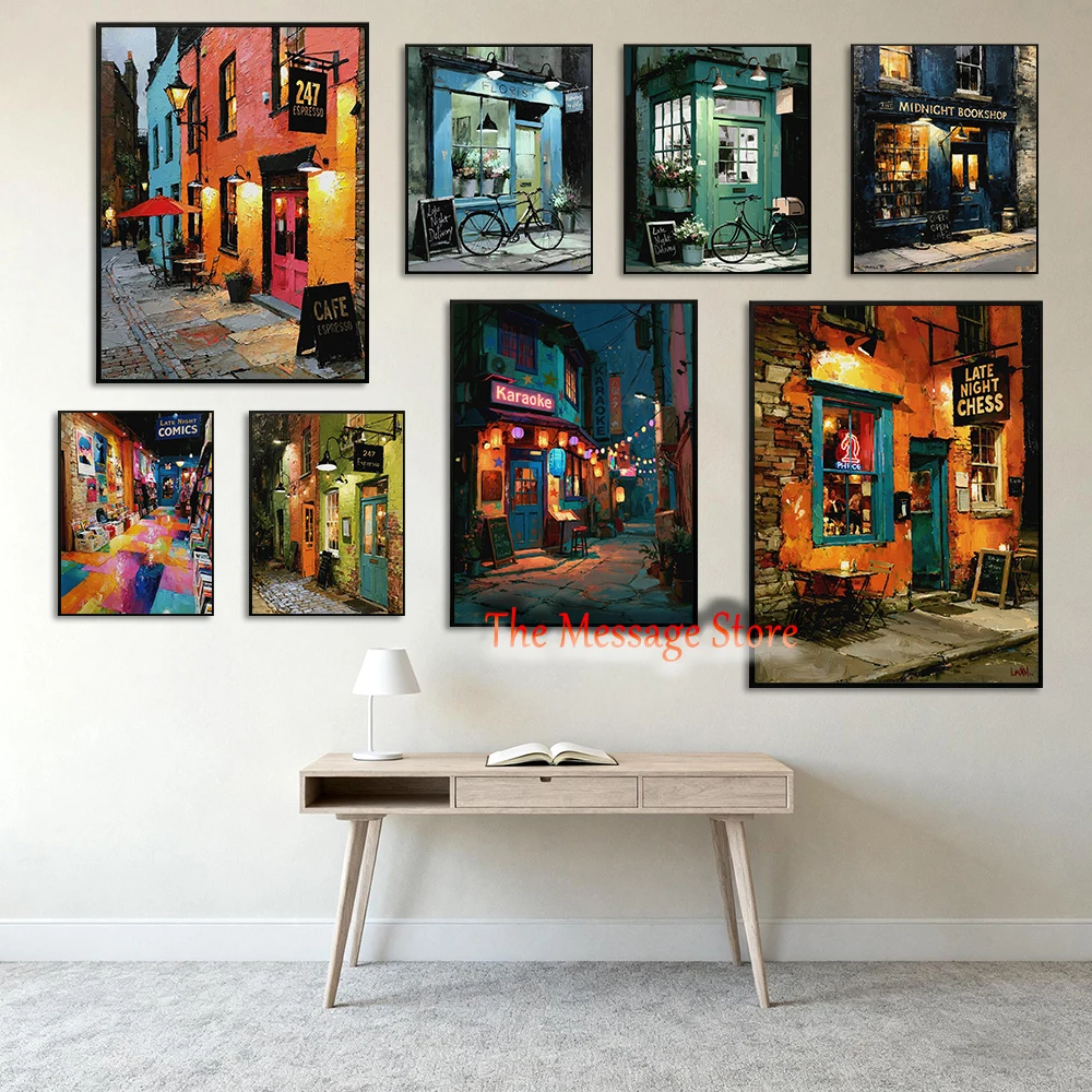 Florist Shop Midnight Bookshop Chess Cafe Neon Karaoke Street Corner Store Poster Canvas Painting Wall Pictures Retro Home Decor