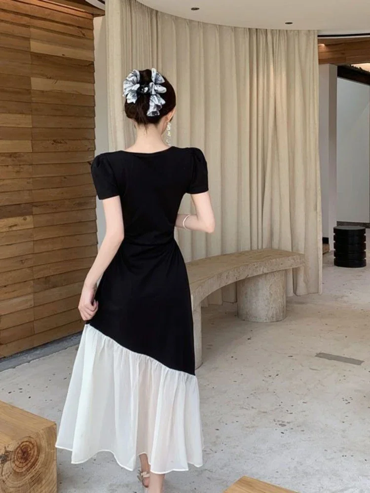 فستان نسائي طويل ماكسي بأكمام قصيرة فساتين نسائية على الطراز الكوري مصمم ريترو Kpop ملابس شبابية غير رسمية على شكل حرف A أنيقة للحفلات