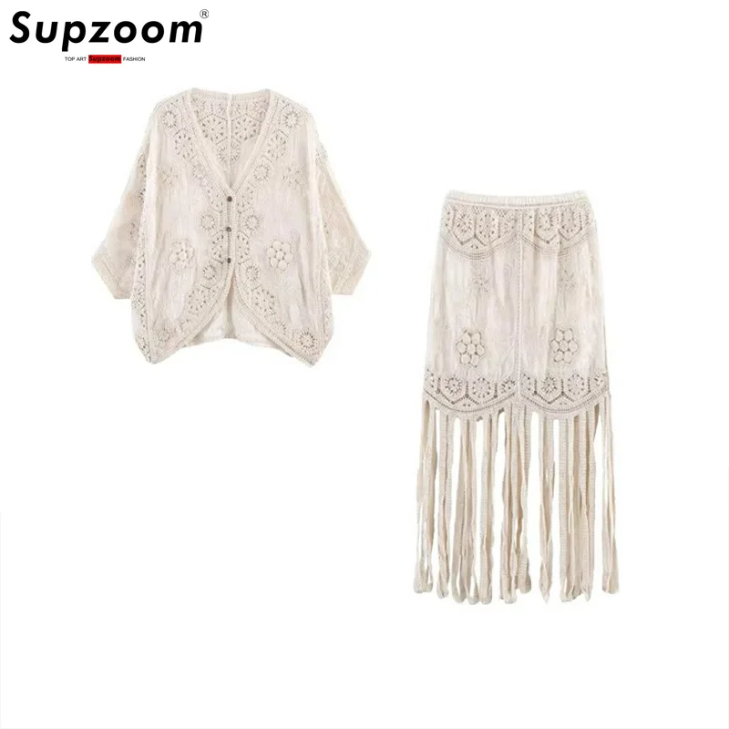 

Supzoom 2026 New Arrival Top Fashion Shang Temperament V-neck Hollow Knitted Cardigan Tassel Skirt Set