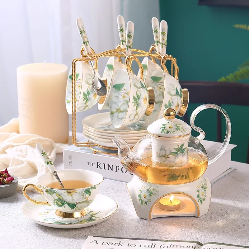 Camellia Bone China Tea Set British Ceramic Cup Pot with Candler Strainer Floral Glass Teapot Ceremony Teaware Teacup