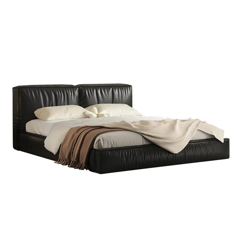 

Tofu cubes, leather bed, Italian style, minimalist, double, master bedroom, high end, atmospheric, black.
