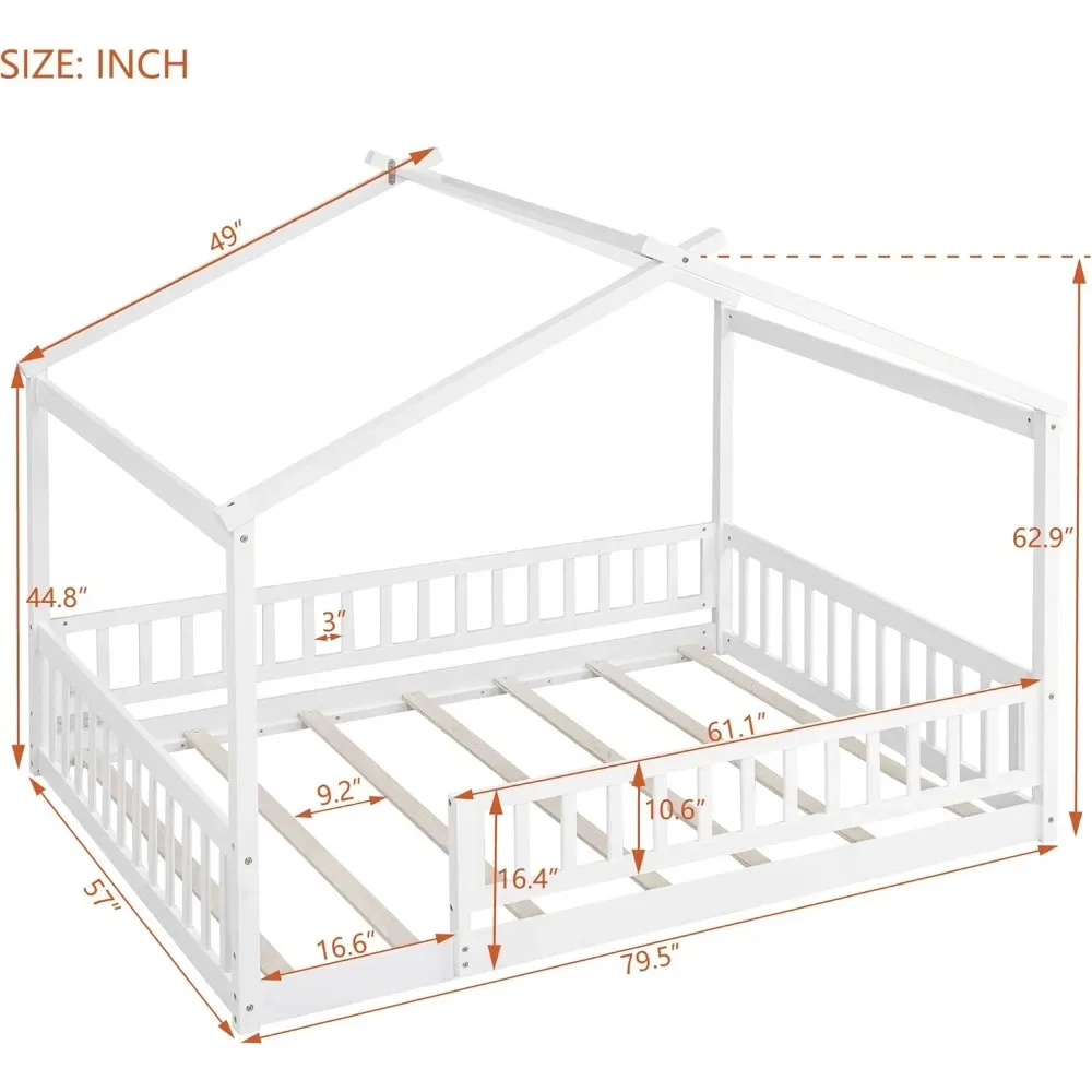 House Bed Full Size Floor Bed with Fence Railings, Wooden Montessori Style Bed Frame for Kids, Fun Playhouse Beds for Girls Boys