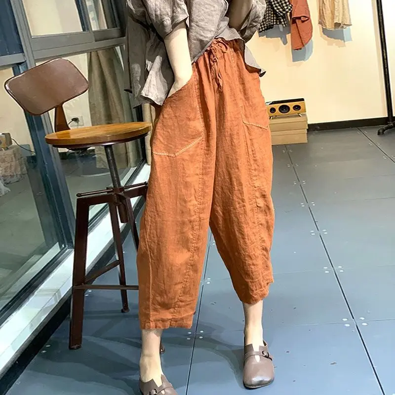 

Casual Cotton Linen Wide Leg Pants Women Summer Large Size Loose Harlan Pants Thin Nine Points Casual Cucumber Pants