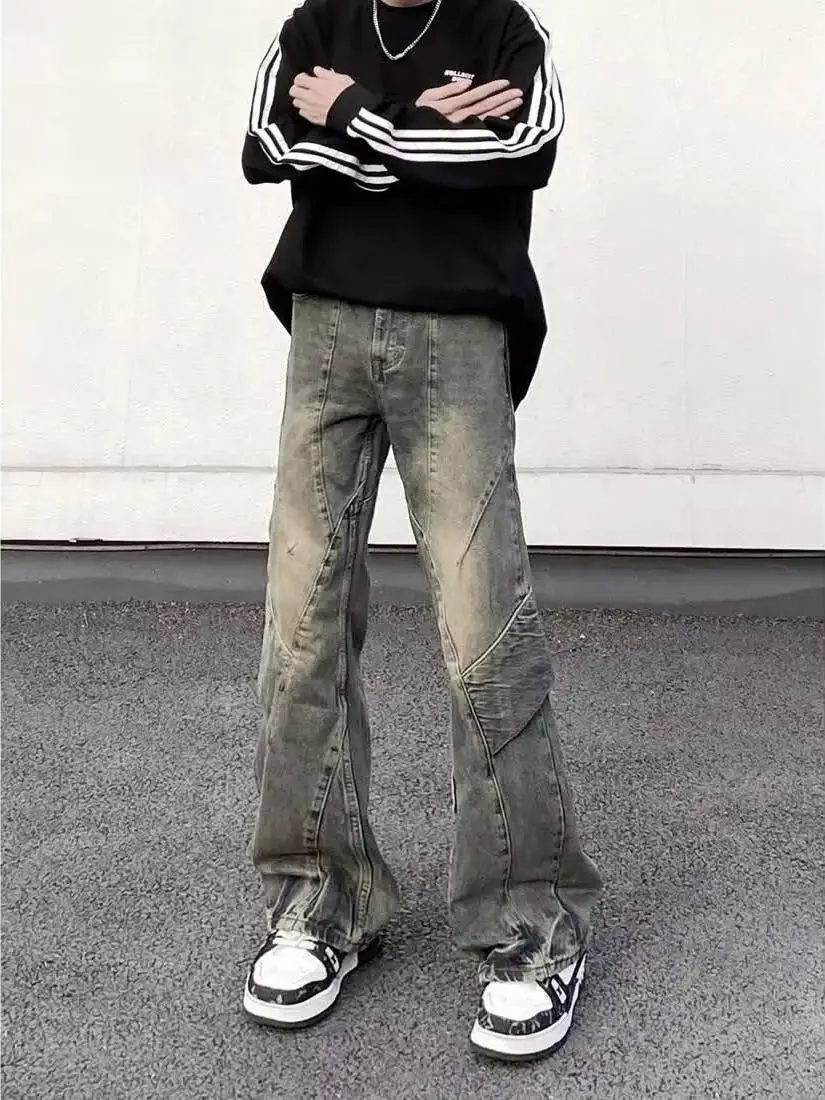 

Retro American High Street Men's Jeans Loose Wide Leg Pants Yellow Earth Tone Waed Splicing Denim Casual Straight Cut Jeans