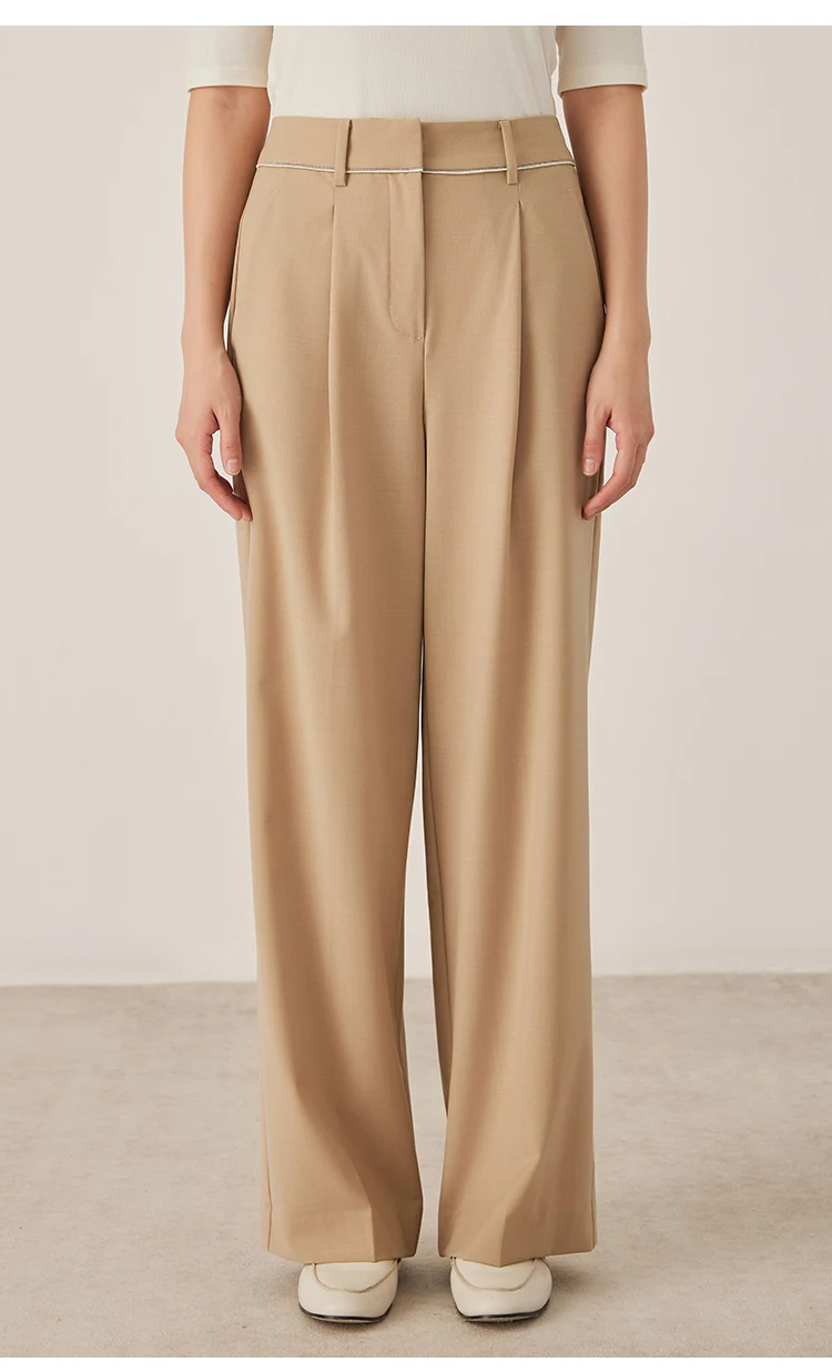 KL9523338 Hoch taillierte Hose aus Wollmischung mit weitem Bein für Damen, plissierte Vorderseite, Herbstmode, Damenbekleidung – Detail 3