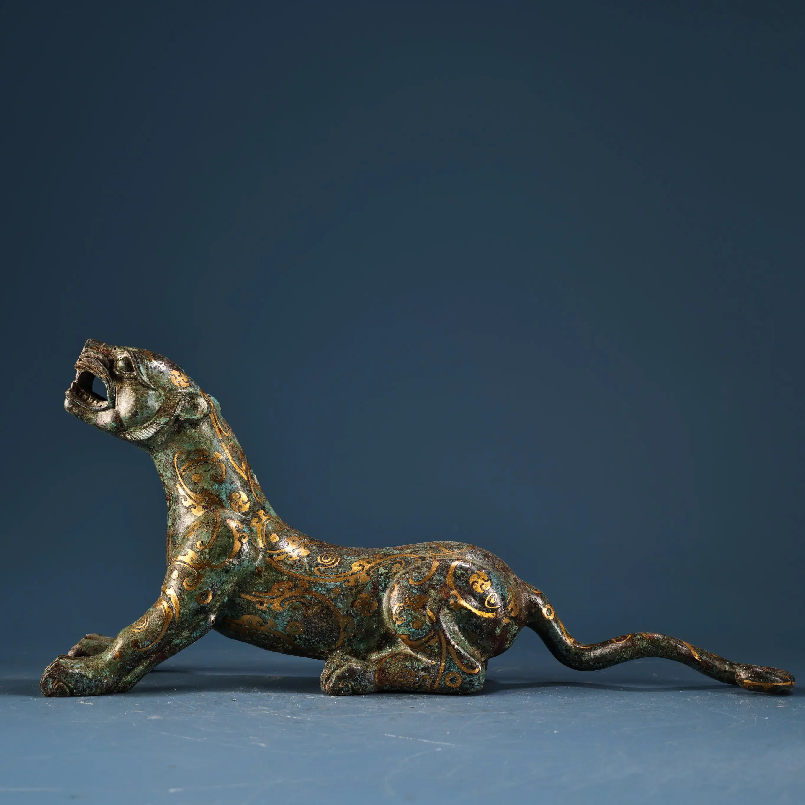 Gold Inlaid Antique Bronze Tiger Zodiac Statue with Inscriptions, Thick Natural Patina
