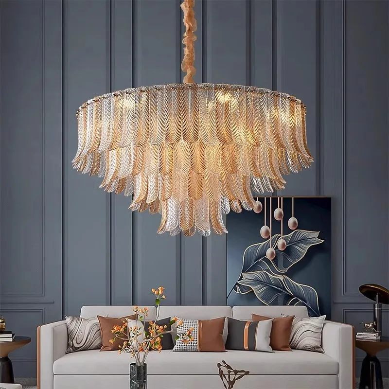 Golden glass round all brass modern ceiling chandelier，dining room, living room, bedroom, villa home lighting decoration