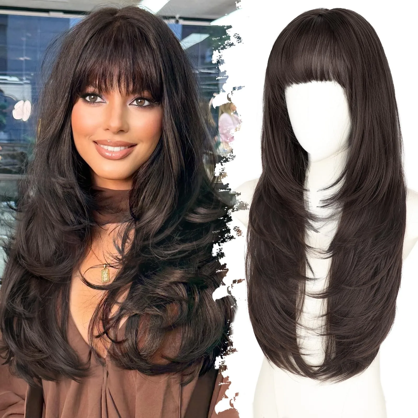 

Long Dark Brown Wig with Bangs for Women, 4x4 istic Scalp,Free Parting