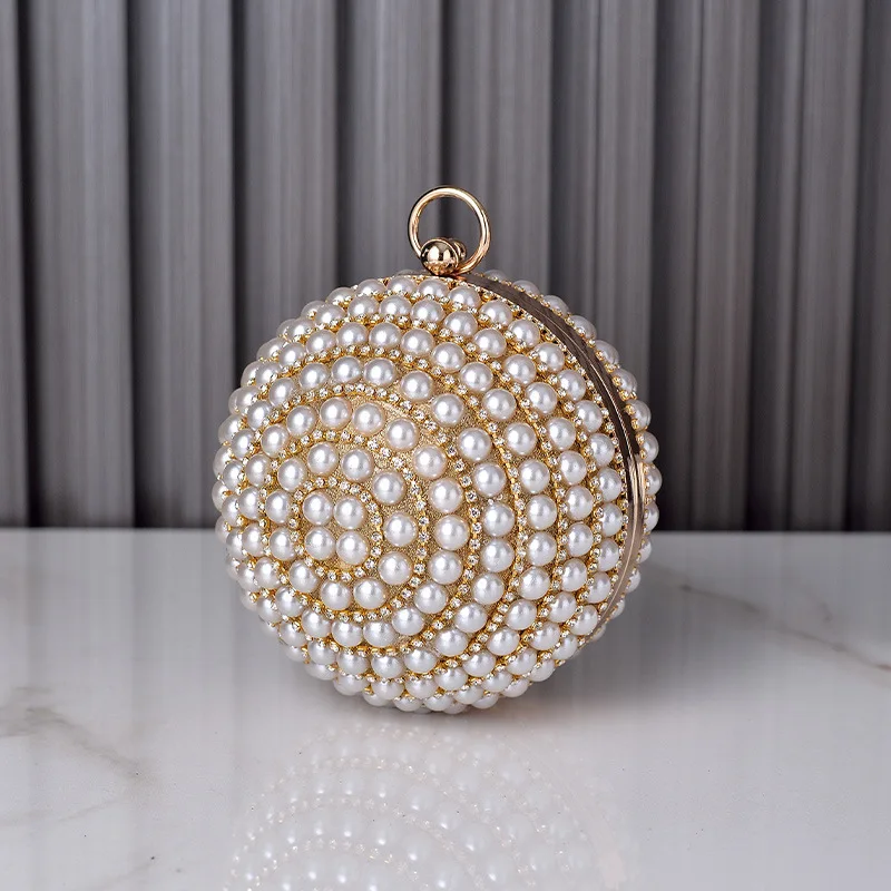 Woman Round Clutch Ball Handbag Full Rhinestone Ring Handle Purse Pearls Evening Bags Bridal Shoulder Handbag Wristlets Clutches