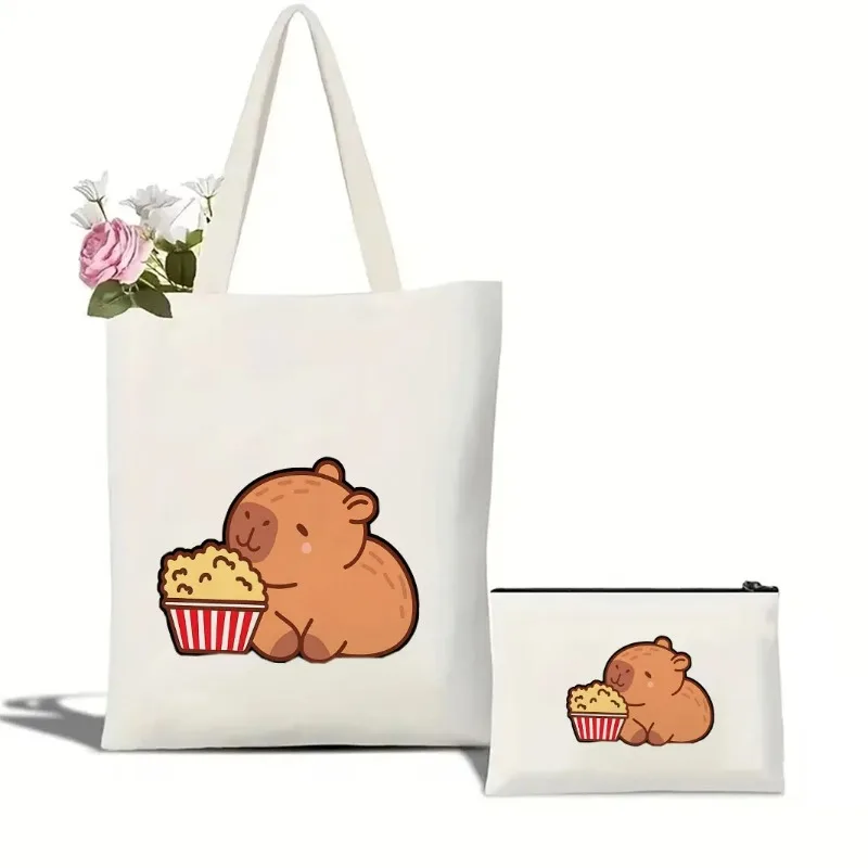 Tas Belanja Kanvas Pola Capybara Menggemaskan Tas Tote Katun Kapasitas Besar untuk Siswa Perjalanan Kantor Aksesori Kawaii Trendi