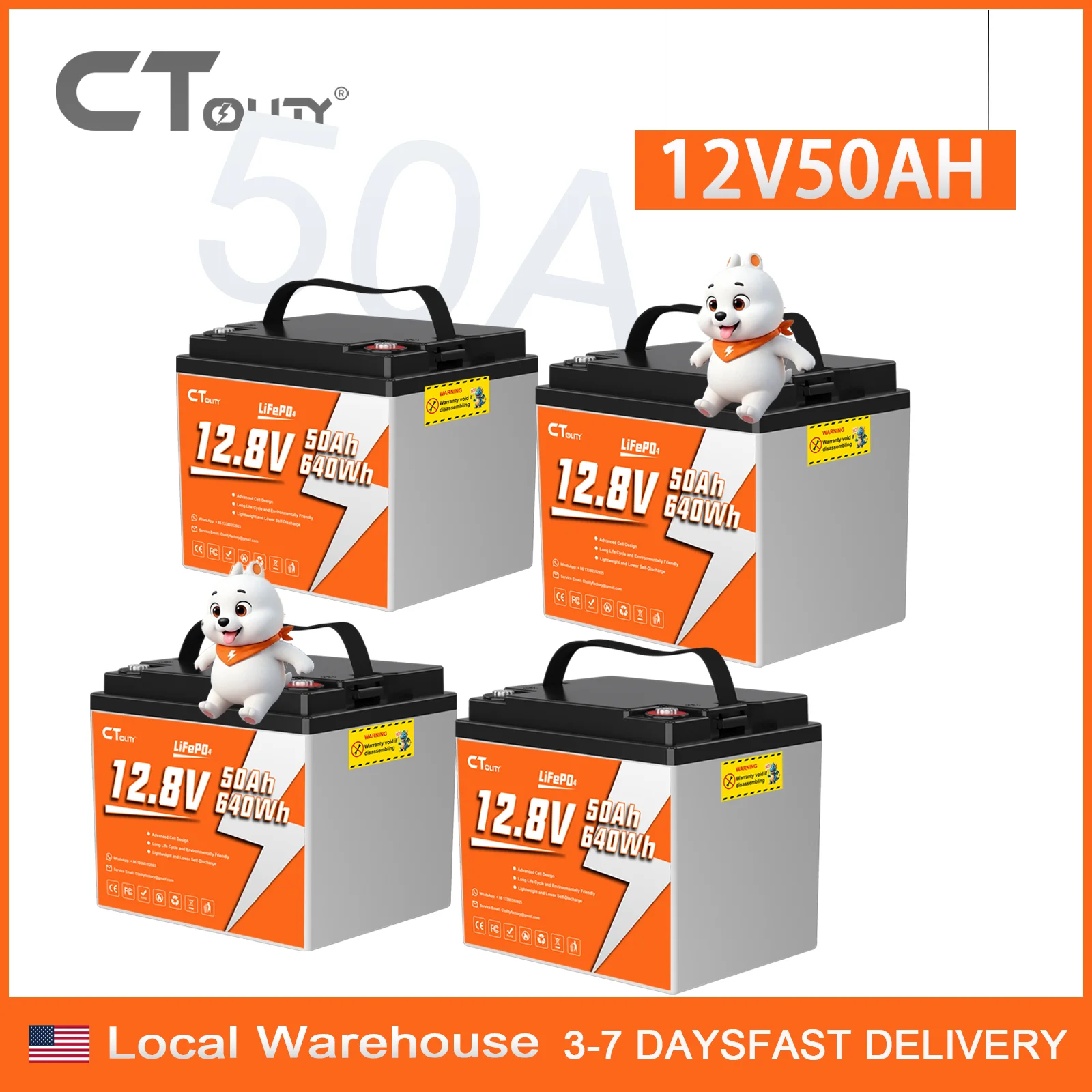 Ctolity 4PCS 12V 50Ah LiFePO4 Battery Pack 2560Wh 15000+ Cycles Deep Cycle Lithium Battery with BMS for 48V Solar System RV Motorhome Boat