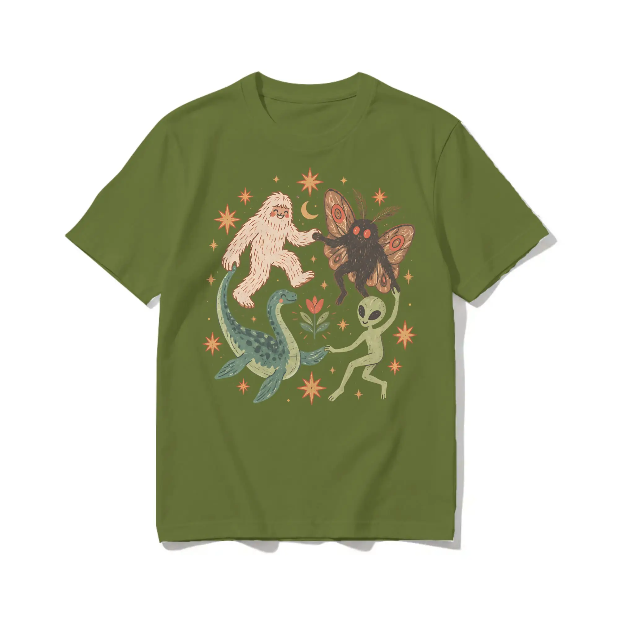 Dancing Cryptids Bigfoot Alien Mothman Loch Ness T Shirt Unisex Cotton Clothes Hip Hop Monsters Round Neck Short Sleeve