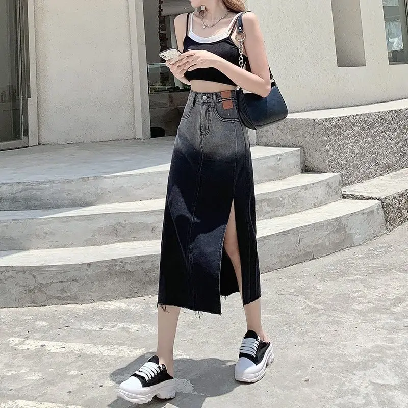 

Jeans Skirts for Women High Waist Midi with Slit Woman Denim Skirt Gradient Clothing Sales Y2k Vintage Stylish Aesthetic Casual