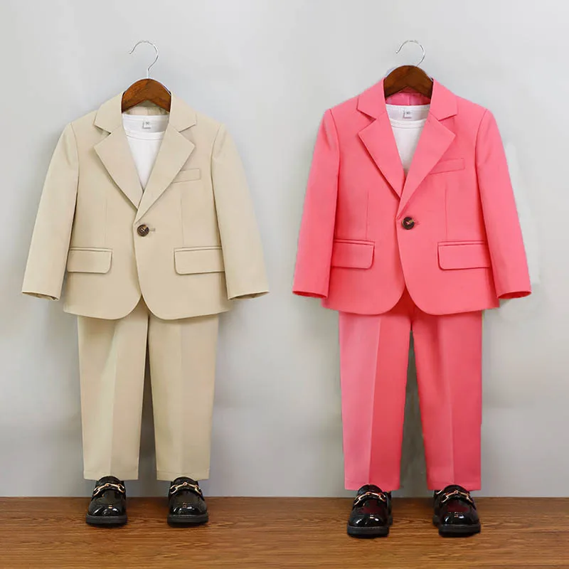 

Gentleman Kids Khaki Pink Photography Suit Children Breathable Jacket Pants Ceremony Costume Boys Silm Fit Hawaii Wedding Dress