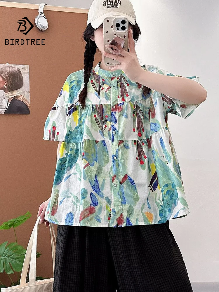 

New 2025 Summer Cotton Short Sleeve Shirt, Women O Neck Cartoon Graffiti, Mori Girl Cute Versatile Commute Loose Blouse T57322CC