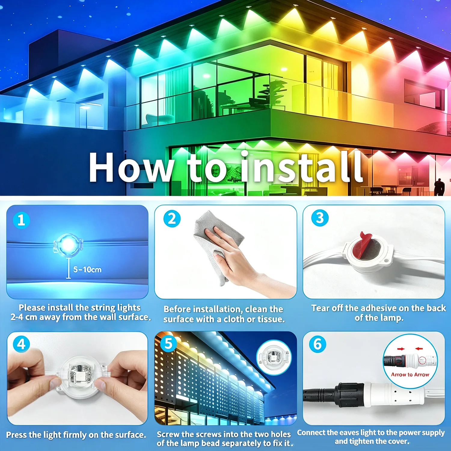HoldPeak RGBIC Eaves Lights Smart APP Control Music Sync Timer DIY IP67 16M Colors 50000H for Halloween Roof Patio