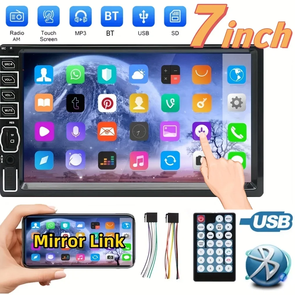 

Double Din Car Stereo, 7 Inch Touch Screen BT Handsfree Car Radio Support AUX/USB/FM/TF Card/Mirror Link with IR Remote Control