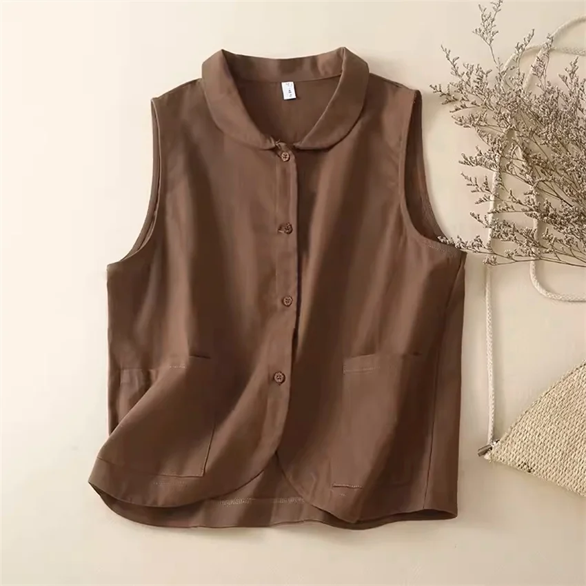 

2024 Big Size Women Cotton and Linen Vest Tops Lady Solid Vests Slim Female Sleeveless Doll Collar Jackets Short Paragraph W2369