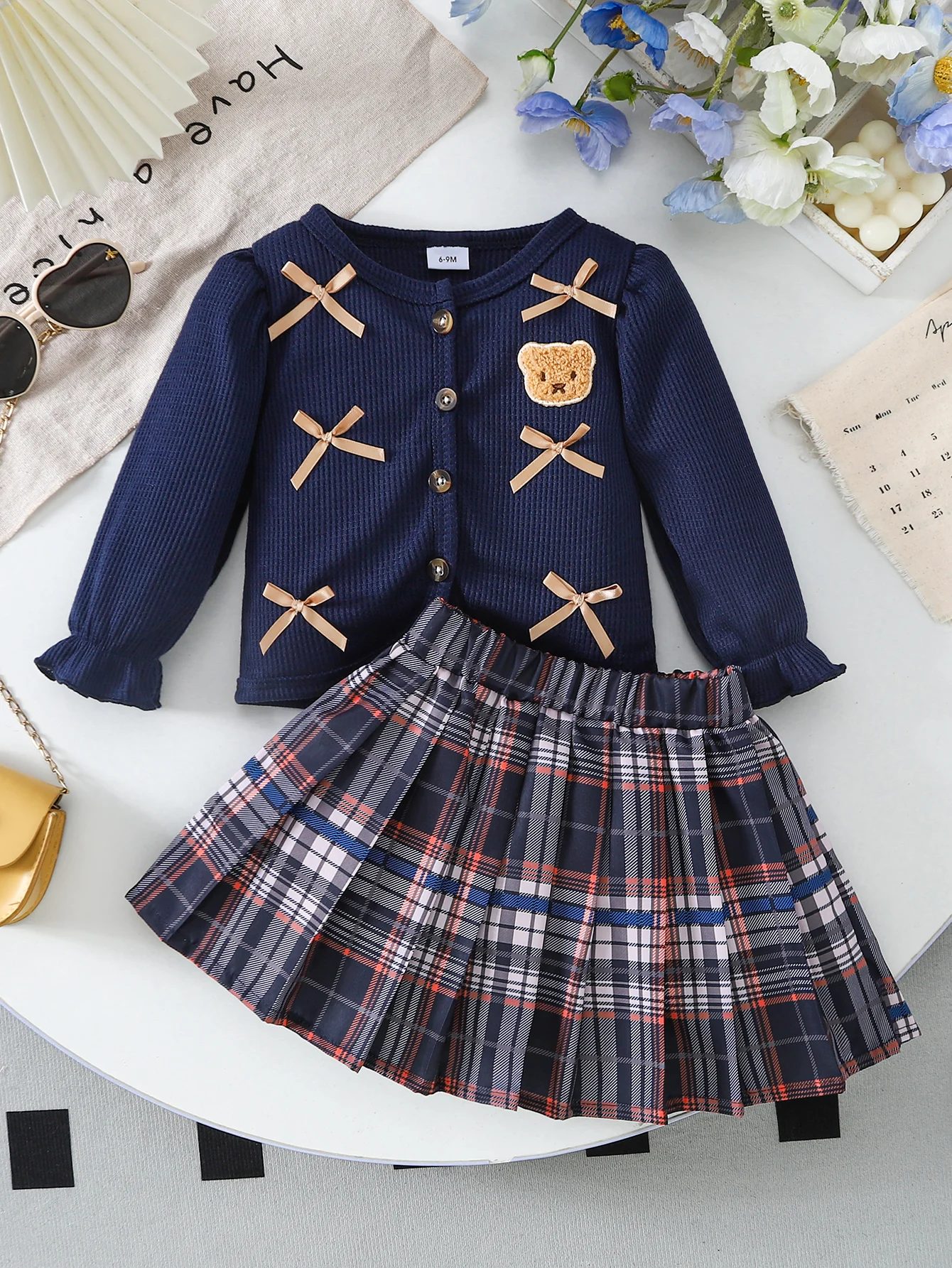 Baby Girl 6M-3Y 2Pcs Outfit Bear Embroidery Bow Waffle Knit Cardigan + Plaid Pleated Skirt Toddler Preppy Autumn Clothes Set
