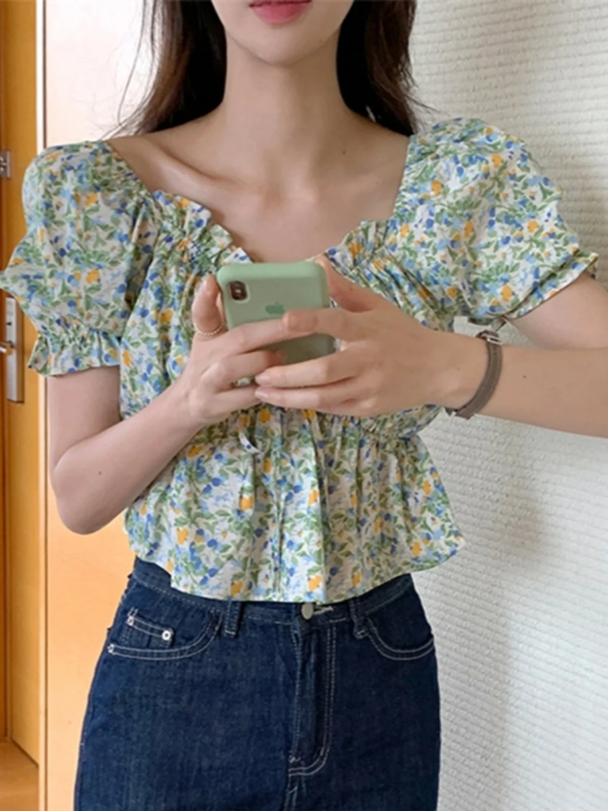 Csa de manga corta con estampado Floral de estilo fresco para mujer, Top con cinturón y cintura ceñida, csa de verano d...