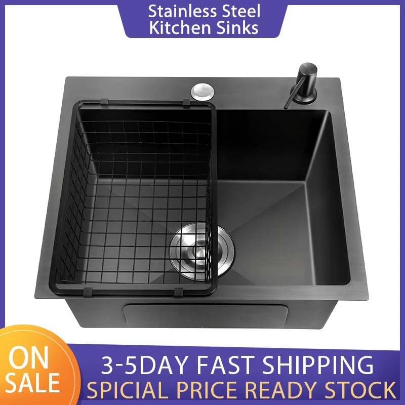 Lavabo Nano nero Lavello singolo Lavelli da cucina creativi in acciaio inossidabile Set di scarico Lavabo fatto a mano per la casa Accessori da cucina