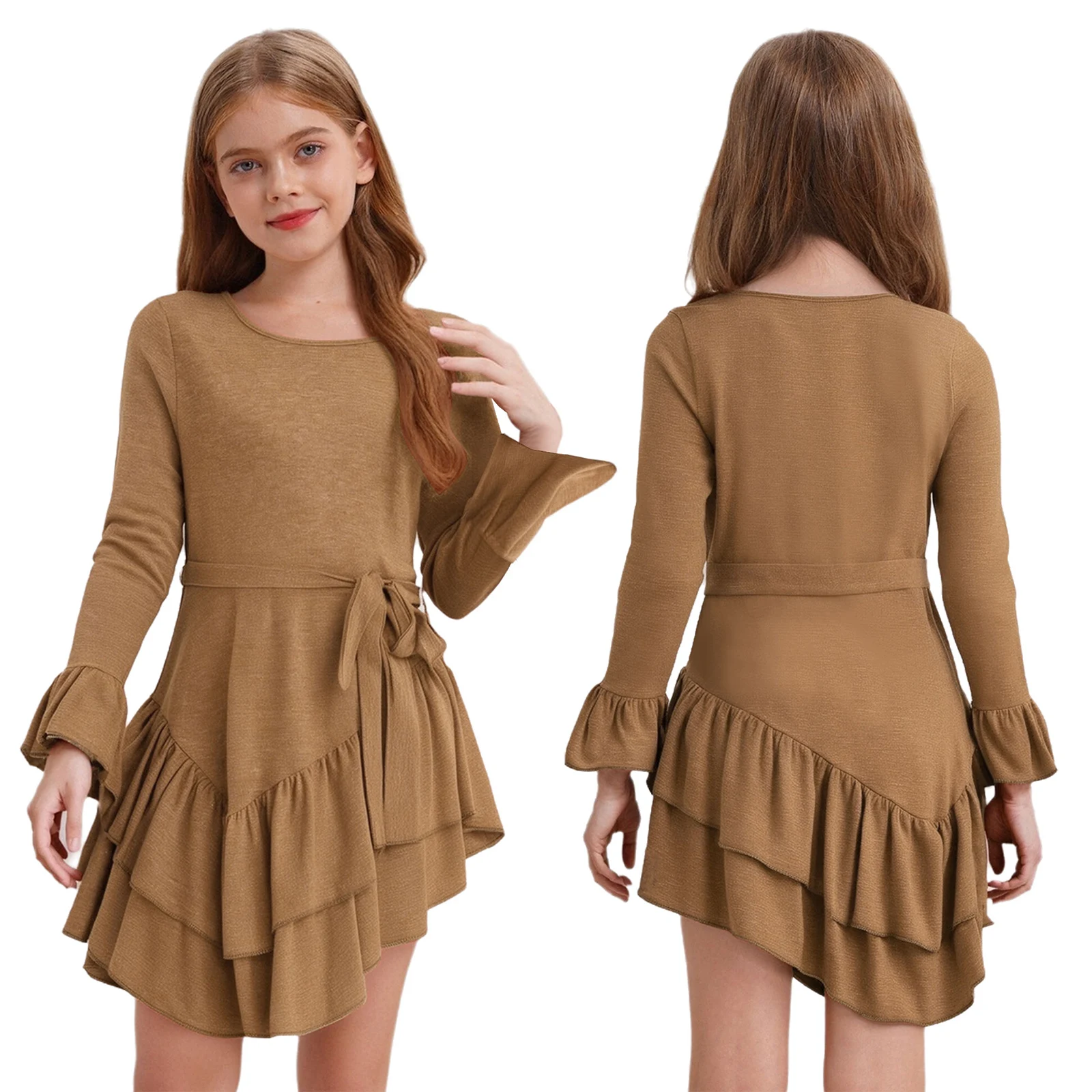 

Girls Western Cowgirl Dress Halloween Party Cosplay Role Play Costume Long Sleeve Ruffle Irregular Hem Midi Dress with Belt Set